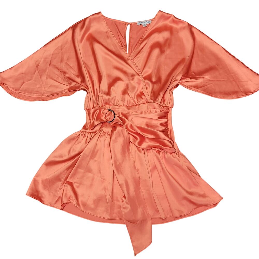 She + Sky - Bright Orange Mini Romper with Side Buckle Tie